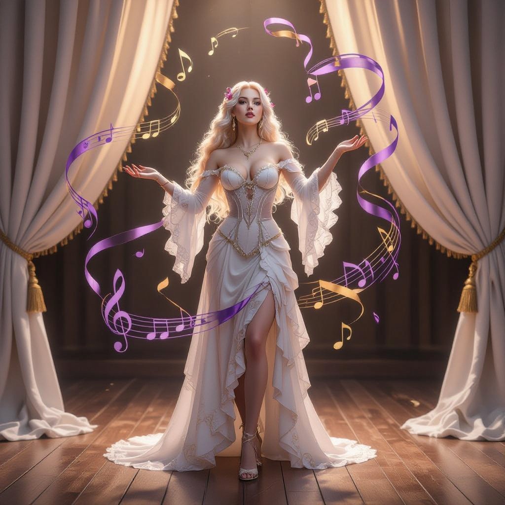 🎨 Render Prompt — Evangeline Ivey, “The Lady of Layers” (Parody of Lingerie)  A semi-realistic fantasy stage portrait of Evangeline Ivey, Fierna Tiefling Bard of the College of Glamour, performing her satire “The Lady of Layers.”  The scene takes place on an ornate candle-lit stage with ivory curtains and wooden floorboards glimmering under soft gold light.  The air carries drifting ribbons of violet and gold magic, shaped like musical notes that coil around her as she performs.  Appearance Porcelain-pale skin (#F3EDEB), long silver-white hair (#D6D6DA) cascading in styled curls, amber-gold eyes (#C88C21) alive with humor.  Symmetrical dark brown ridged horns (#4A3A2C) sweep gracefully back from her brow.  Her tail matches her skin tone, tipped red-and-black, poised behind her like part of the choreography.  Outfit – “The Lady of Layers” (Mock-Lingerie Parody) A parody of opulent lingerie turned into theatrical armor of excess. •  Base: cream silk corset with exaggerated boning and embroidered seams labelled with golden script such as “EXHIBIT A” and “DISPLAY MODEL.” •  Overlays: unnecessary straps, garters, and ribbons looping decoratively across her limbs; some end mid-air, attached to nothing. •  Each motion sets off tiny golden bells or charms sewn into the lace, turning sensual movement into comic percussion. •  Fabrics alternate between cream (#E9DFC7), deep red velvet (#AA1E1E), and gold thread (#C9A33A), echoing her harlequin palette. •  Matching high heels glint with gem inlays; every detail feels deliberate and over-designed.  Pose & Expression Full-body to the shins, 2:3 aspect.  Evangeline stands mid-bow, one hand on her hip, the other sweeping outward in grand presentation.  Her expression carries an amused smirk, eyes bright with mock pride—aware of the ridiculous excess yet utterly commanding it.  Lighting & Tone Warm candlelight key, soft rim outlining her silhouette.  The stage glows like polished honey; violet and gold reflections ripple across her corset and hair.  The atmosphere is decadent, clever, and ironic—glamour turned back on itself.  Mood A master performer exposing the mechanics of allure: confident, self-aware, and radiant in the comedy of beauty.