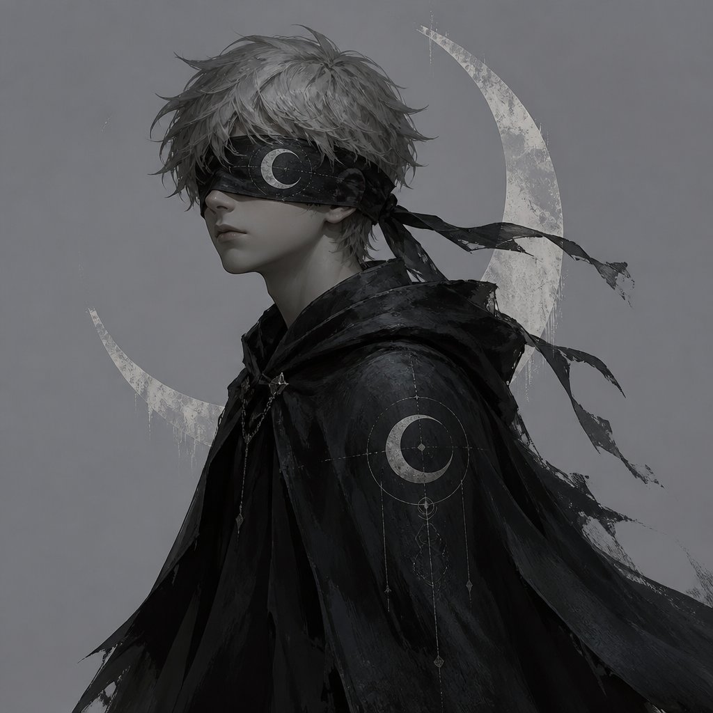 moon boy grey hair blind fold black cape moon eye