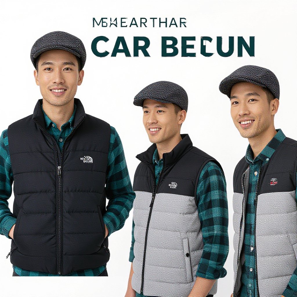 Man in black and light Grey puffer Vest . A Teal Flannel underneath. He wears a dark grey flat cap