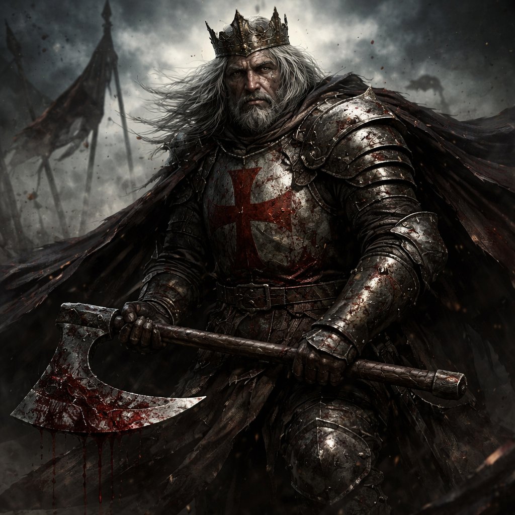 An old crusader king with grey hair heavy with a one handed axe and lots of battle damage with a large cloak
