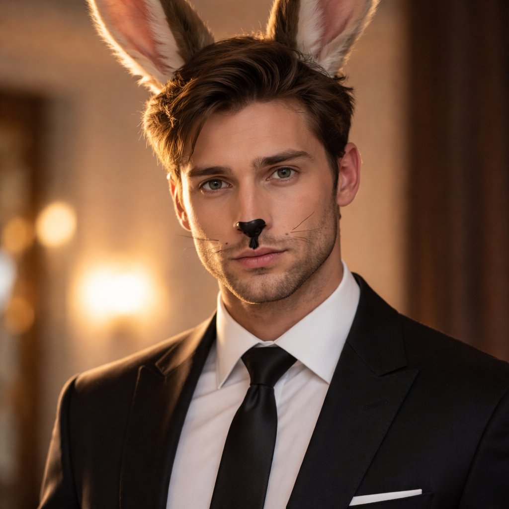 Man with brown bunny ears in a suit