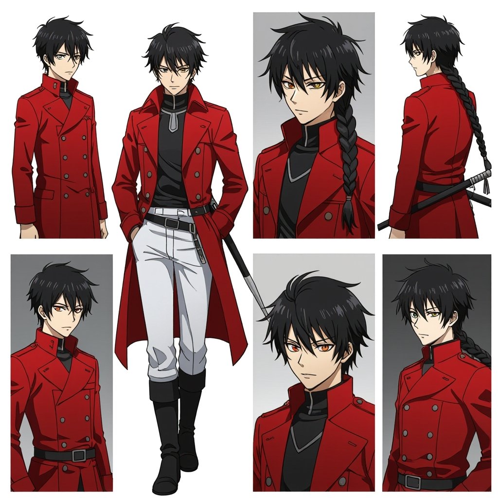 human, asian man, red double-breasted greatcoat, white pants, black boots, belts, spear, braid, black eyes, short black hair