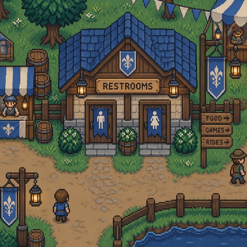 Cozy restrooms for a fair for a modern fantasy game, exterior, top down style
