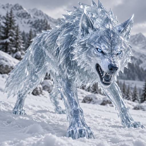 Wolf made of ice, snarling, standing in snow