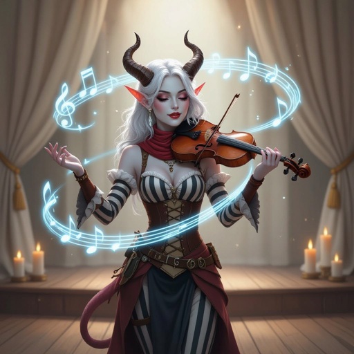 The image depicts a semi-realistic fantasy character performing on a softly lit stage. She’s a tiefling — a humanoid figure with small curved horns, pointed ears, and a slender tail tipped in dark red and black. Her skin is porcelain-pale, and her long silver-white hair flows past her shoulders beneath a black beret.  She wears a whimsical mime-inspired outfit: a sleeveless black and deep-red striped dress with suspenders, matching thigh-high stockings, and long gloves in the same pattern. A bright red neck scarf provides contrast, and her makeup exaggerates her expressive features — dark eyeshadow, vertical lines beneath her eyes, and small red lips parted in mid-song or gasp.  Around her, faint glowing blue musical notes spiral through the air, suggesting she’s singing or casting a magical performance. The background shows a wooden stage framed by ivory curtains and soft candlelight, giving the entire scene a theatrical, vintage cabaret atmosphere.  The overall mood blends elegance, whimsy, and a hint of melancholy — as if this performer’s music carries both laughter and longing.