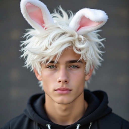 Hot teenage boy with white hair and bunny ears