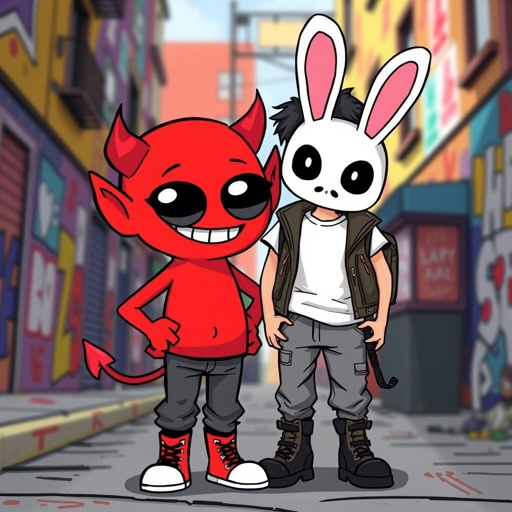 A small red among us character with devil horns standing next to a boy 5’6 wearing a white and black bunny mask with black eyes as cameras he’s wearing a white t shirt with a black biker vest on with grey jeans and black boots 