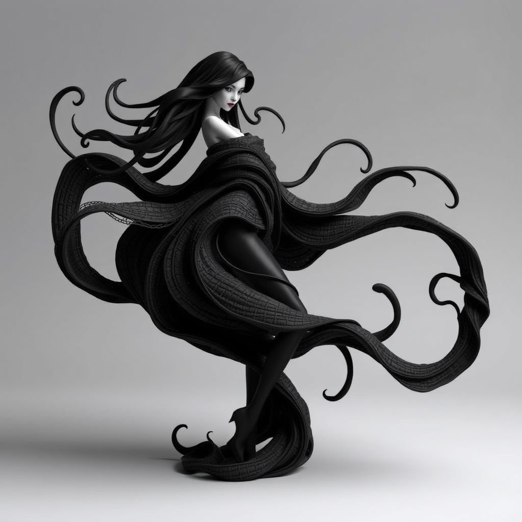 Create character hero Veyra of Shadows – A lithe, mysterious woman draped in layered black silks that move like smoke around her. With jet-black hair. Show her whole body head to toe including her shoes.