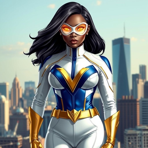 African American female superhero with hair in a shoulder length side part hairstyle with pure Gold Glowing eyes wearing a white suit with gold and royal blue with white pants and gold and white knee length boots with a utility belt with a gold V as her chest emblem in Philadelphia