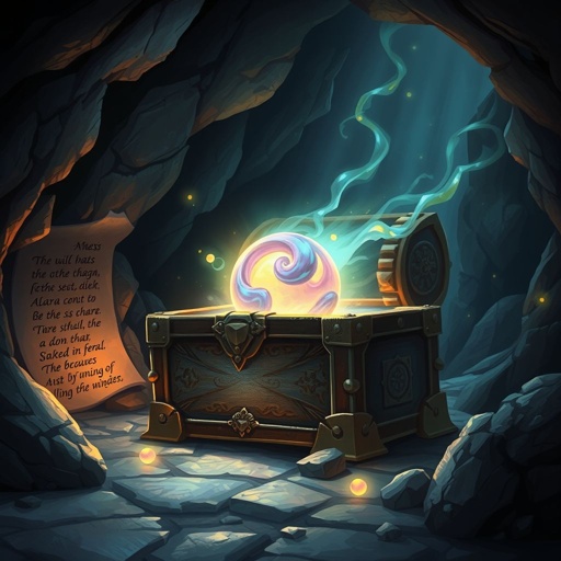 Magical pearl laying in a treasure chest in an empty cave