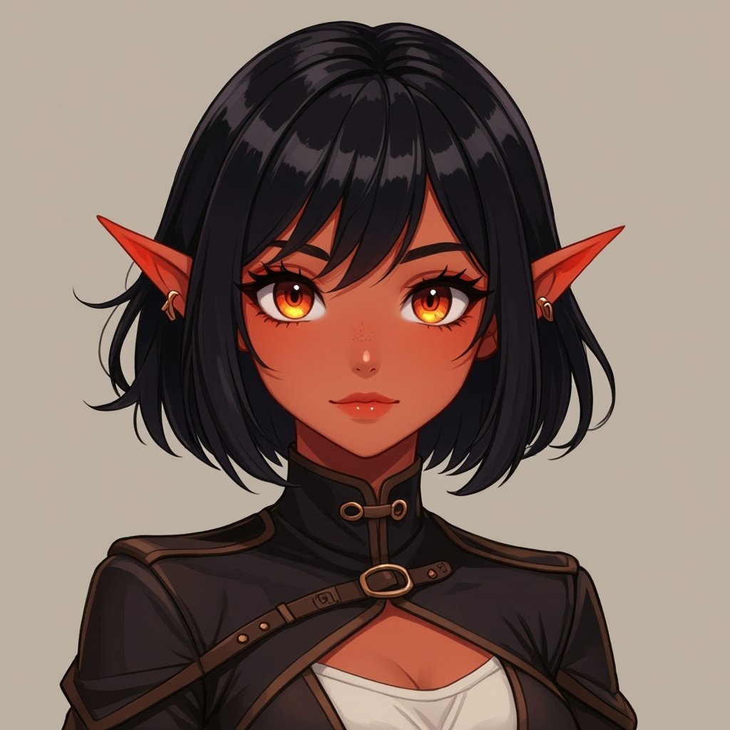 
A female tiefling with short black hair in a bob cut with bangs has red skin and orange eyes, tiefling rogue, female tiefling, red skinned female, female with black hair, female with orange eyes, tiefling female, female rogue, dnd rogue, dnd female,