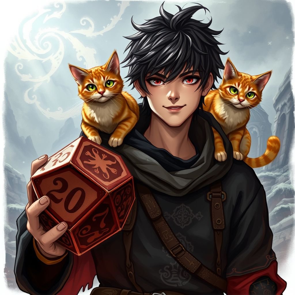 A guy with dark brown hair who holds epic looking dices normal size with 20 sides in one hand, he wears a black hoodie and he has 1 orange cat with pretty design at his shoulder, and has a small smile, his nails are not painted
