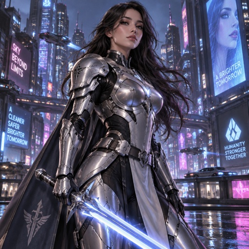 Gorgeous lady in a silver knight futuristic armor 