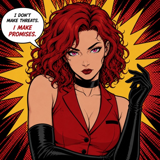 Female , 24, shoulder length red curly hair, serious , suit vest red, pink eyes, choker, black gloves, 