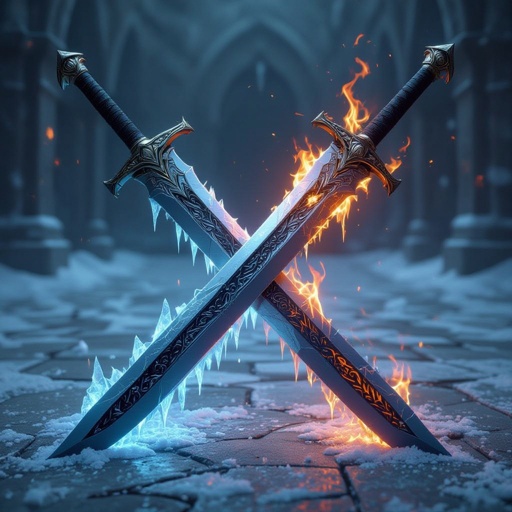 2 swords crossed no human with fire and ice coming from them
