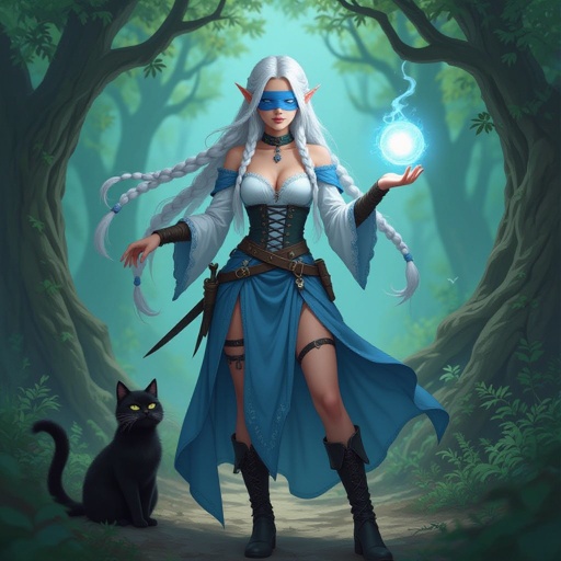 She is an Elvin wizard age 19. She is 5'6 and She has platinum hair that is long with some small braids with her hair flowing behind her .She had a blue blind fold covering her eyes. She has long white scars on her face and neck. She is wearing a blue dress to match the blind fold. The dress has two leg slits and is a corset she has flowy sleeves that cover her arms completely. Her left leg has a knife holder with a knife in it strapped to her leg. With her hand she is casting a small light ball. She has a large black cat by her feet. She is wearing boots to match the black corset. She is standing in the woods. The trees making an arch way behind her.