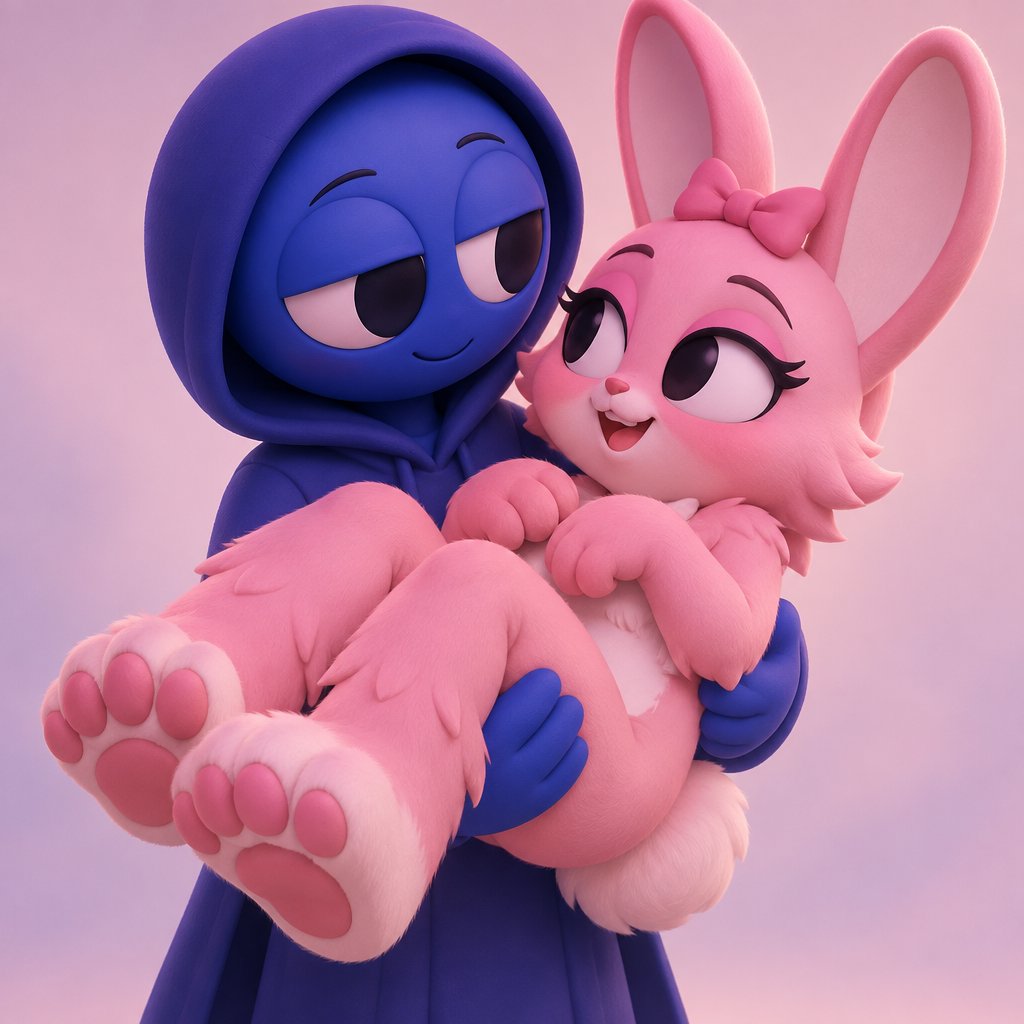 Pinki from Sprunki as her wererabbit self in Jevin from Sprunkis arms with her hands and feet being the stronger paws of her Wererabbit form