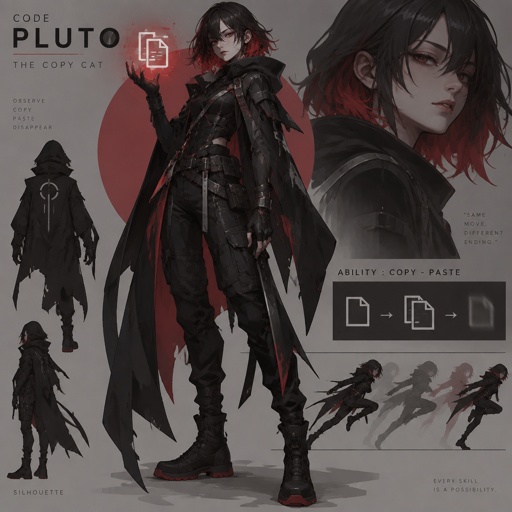 shadow assassin name code pluto the copy cat, copy and paste ability, black hair red on the inside