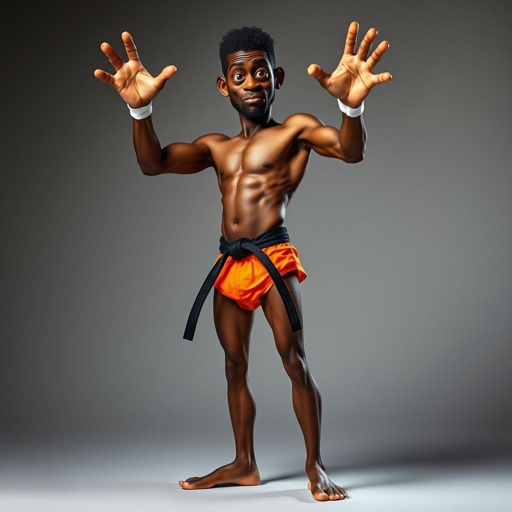 Create a character who looks like a funny African karate guy who doesn’t have a clue what he is doing. Make him have weird toes, only speedos on and a black karate belt. Make him tall skinny and slinky.