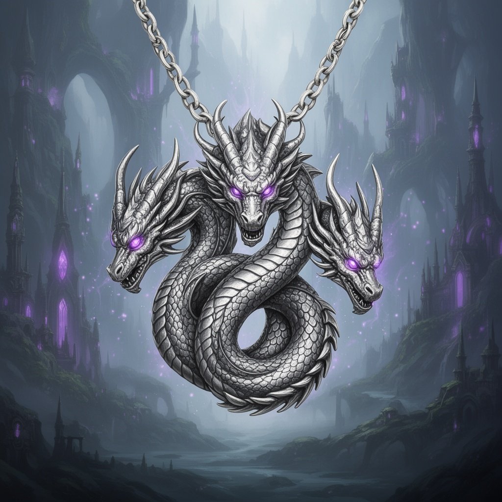 Silver necklace with a three headed dragon curled in the center. The dragon has amethysts in its eyes.
