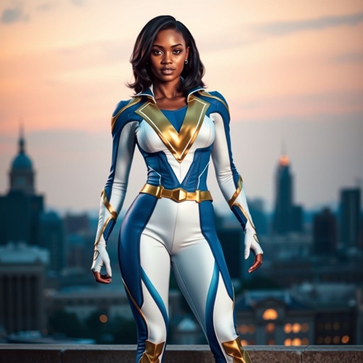 African American female superhero with shoulder length hair in a side part style wearing a homemade white and blue suit with gold accents with a stylized V as her chest emblem wearing gold flat boots standing in Philadelphia at dusk
