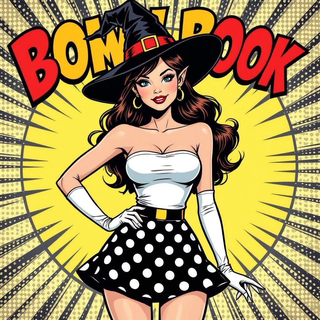 Tight Black and White Polka Dot Miniskirt Elf Witch Librarian with Brunette Hair. Tight white tube too and witches hat