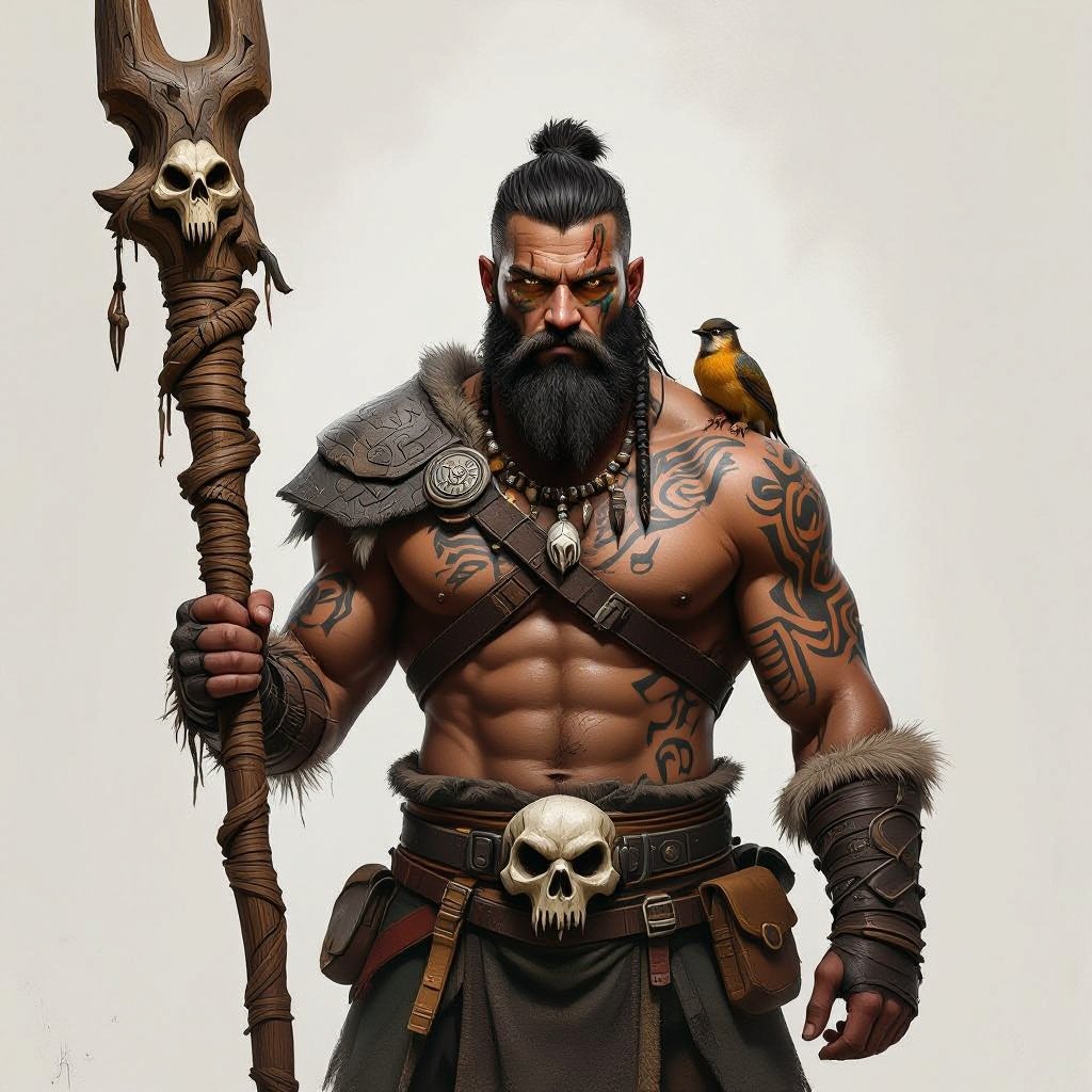 Kael the Beastbound – A rugged, broad-shouldered man with dark skin and a rough beard, wearing armor made from bone and leather. deep green eyes tattoos of animal tracks spiral down his arms. He carries a massive wooden staff carved with the shapes of beasts, and small creatures often perch on his shoulders or follow at his feet.