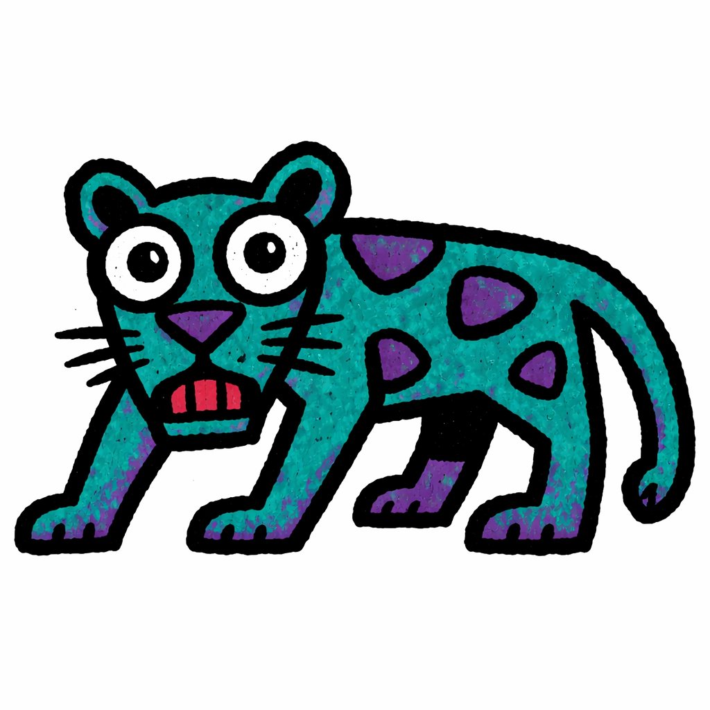 A teal, purple, and black panther