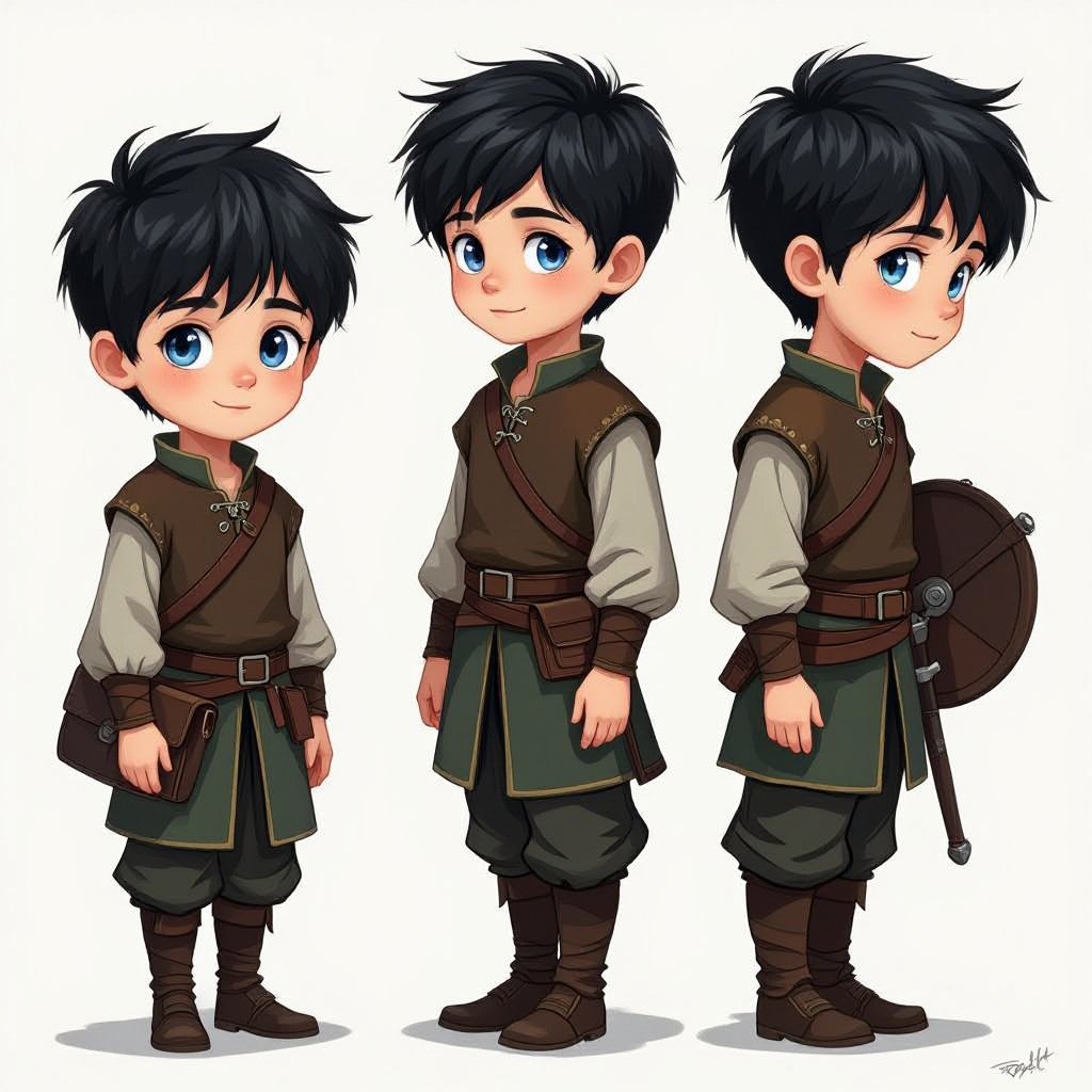 a pale boy 12 years, short black hair, with heterochromia eyes, one navy blue eye, one light blue eye. medieval outfit