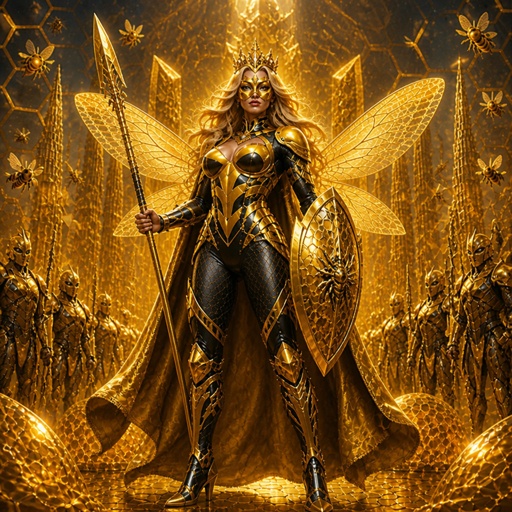 a woman in a gold outfit holding a sword