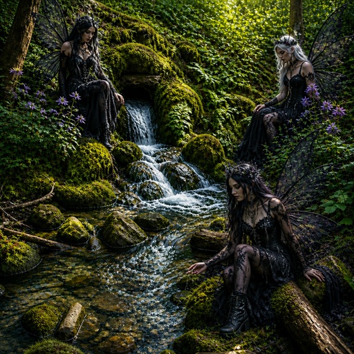 a couple of women sitting on top of a lush green forest
