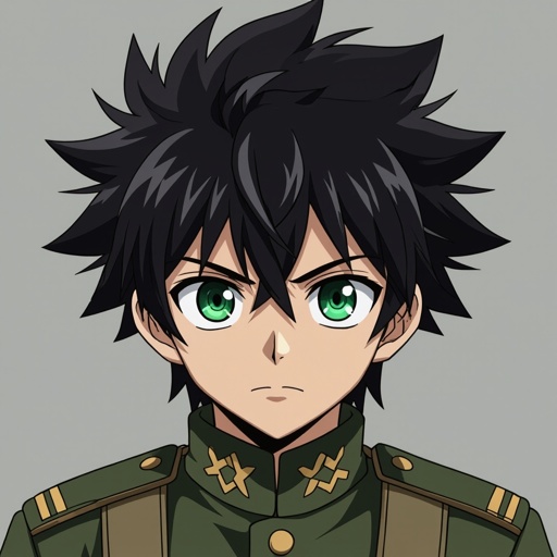 Male. 15 years old. Black hair. Green eyes. Military uniform.