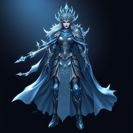 Create a battle woman hero called Alvara the Frostheart. Show full body head to toe including shoes 