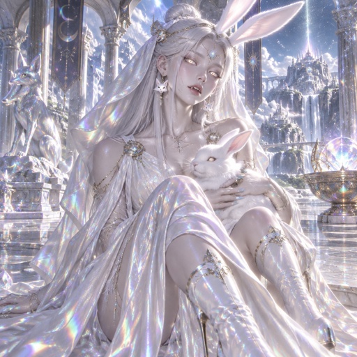Female, 5,000 years old, goddess, white hair, half hair up (in a bun) and half straight down, white eyes, slit pupils, arctic fox charm earrings, pale skin, white bunny ears, pointed teeth, Greek style dress with a hood attached, white rabbit in her arms, high heel boots, white and blue medium almond nails, 
