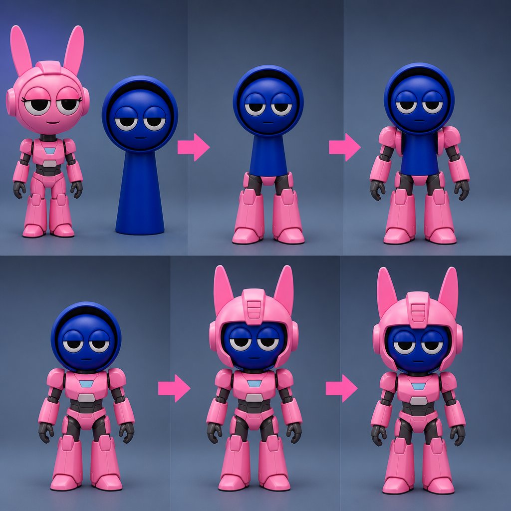 Pinki from Sprunki as Elita One merging her legs onto Jevin from Sprunki and then her arms and then her Body and lastly her head and helmet