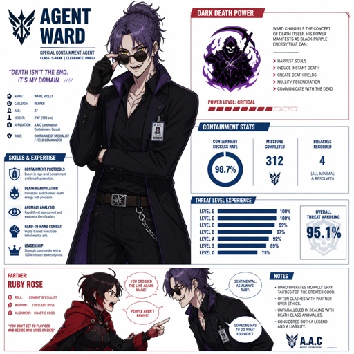 Anime style, Agent Ward, was made in a secret lab to be the best weapon and good at everything, highly skilled in many things, has to be kept in check by the facility and have an emergency backup in case he gets out of control, Wards hair is in a messy loose bun hair color violet, he is clean shaven, has yellow night vision eyes, sharp teeth,he wears sunglasses on his head, has a dark power of death from the experiments, the best agent, he's in his late 20s, tired, tall, eyes are sensitive to light, easily gets migraines, likes making jokes, sassy, reckless mischievous and dangerous,grins, hates being told what to do, intimidating, laugh like a maniac,cares about his partner ruby rose she's dark skin serious plays by the rules and firm but nice to ward them arguing ruby saying that ward needs to stop scaring the suspect so much while ward grins saying “ but it gets the answers out of them more easily”