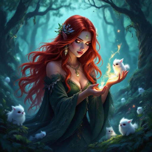 witch with long shimmering red hair and skin with small fluffy creatures around her 