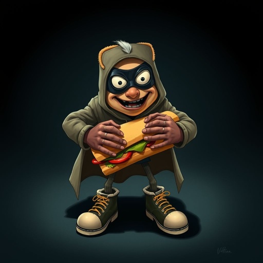 Create a funny looking clumsy sandwhich thief with funny shoes on. Make him have on the bandit black thing around his eyes 