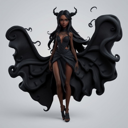 Create character hero Veyra of Shadows – A lithe, mysterious brown complexion woman draped in layered black silks that move like smoke around her. With jet-black hair. Show her whole body head to toe including her shoes.
