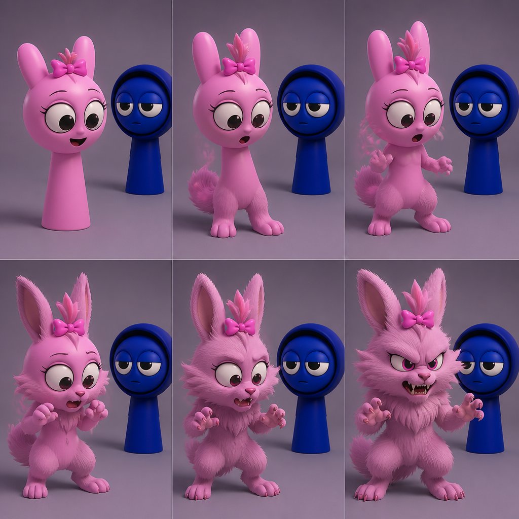 Pinki from Sprunki turning into her kind Wererabbit self in front of Jevin From Sprunki with her legs and tail transforming first and then her arms and then her ears and her neck fluffs up and then her face and the fur on her cheeks stick out the sides with her Pink bow being held by the tuft of hair on her head