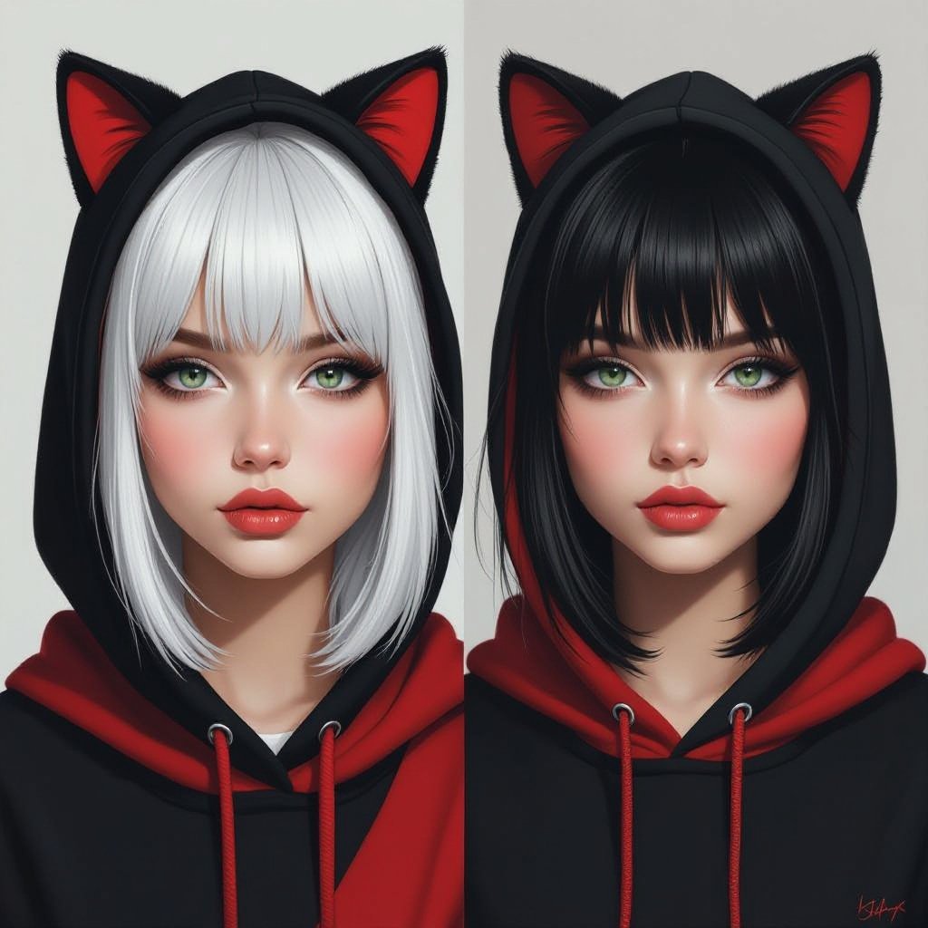 Młoda kobieta. Włosy do ramion, z grzywką, prawa połowa włosów biała, lewa połowa włosów czarna. Okrągła, pyzata twarz. Szaro-zielone oczy. Wąskie, małe usta. Ubrana w czarno czerwoną bluzę z kaptórem z kocimi uszkami