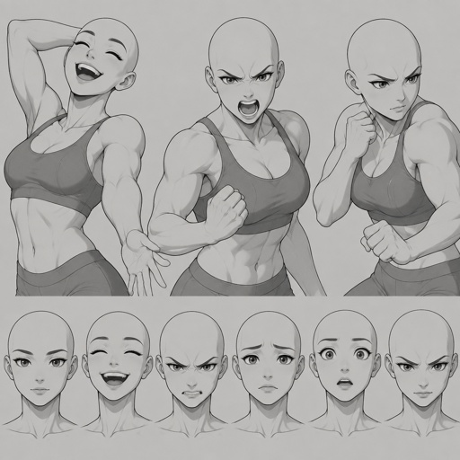 Different face expressions female slightly buff half body drawing base, dynamic, bald, head face expressions