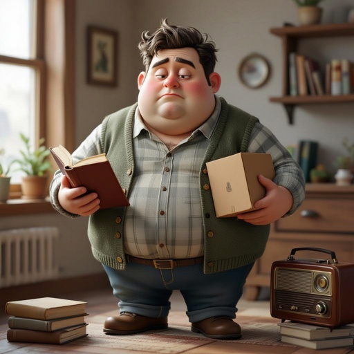Create a funny fat guy who looks high is has a book box radio 