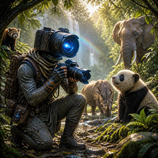 a man taking a picture of a group of animals