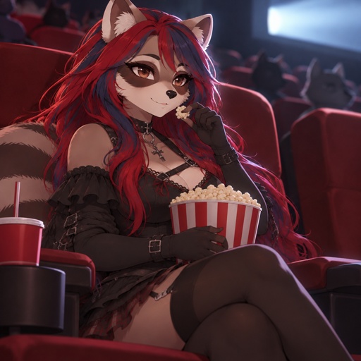a woman with red hair sitting in a movie theater