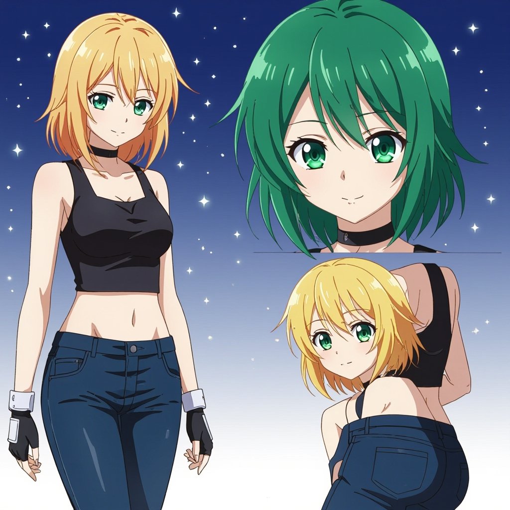 Green hair, blonde bangs, green eyes, black sleeveless top, midnight blue Jeans and white fingerless gloves