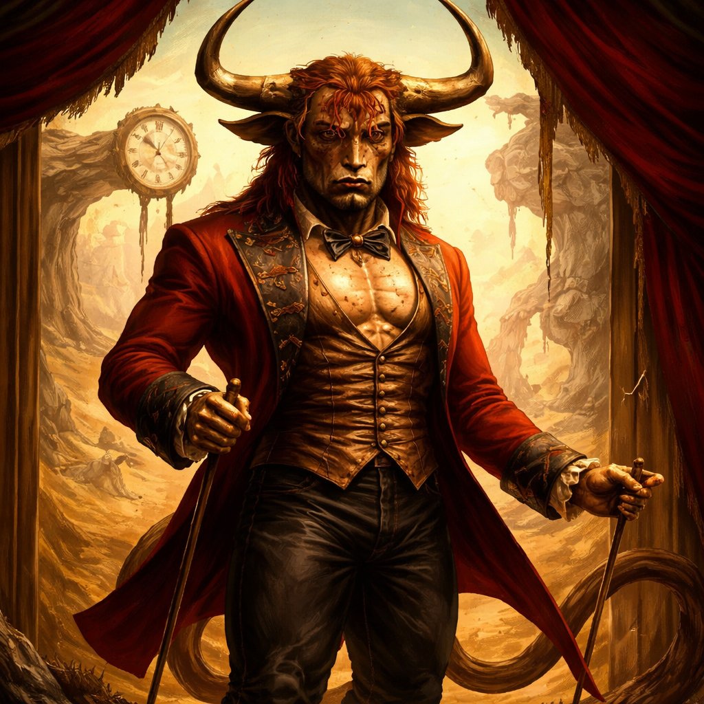 A male chestnut brown Minotaur with deep set cattle like brown eyes, large powerful gleaming horns like his fathers, a well~proportioned figure/body at lest 6 foot tall, long tail. He works at freak show as the ringmaster and his abilities are Reality Rejection, Time Manipulation (Chronokineses), Zoolingualism (Language of Cattle only), Human Speech. His mother is a human with half-animal (Cretan Cattle) physiology and his father is a Cretan Bull.