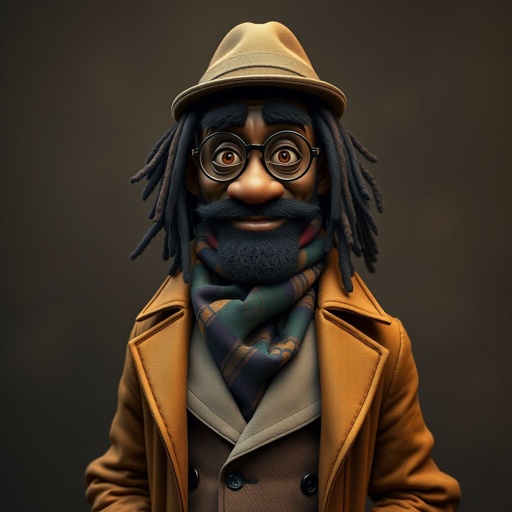 Create a funny serious fat character similar to Sherlock Holmes, but make him of black decent and with dread locks. Show his whole outfit including his shoes.