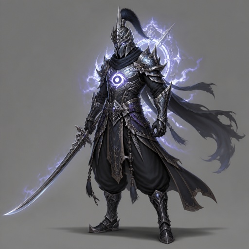 assassin, long curved sword, crested helmet, dark silver armor, luminous lord, baggy pants, eye of the storm mark