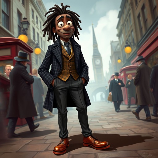 Create a funny character similar to Sherlock Holmes, but make him of black decent and with dread locks. Show his whole outfit including his shoes.